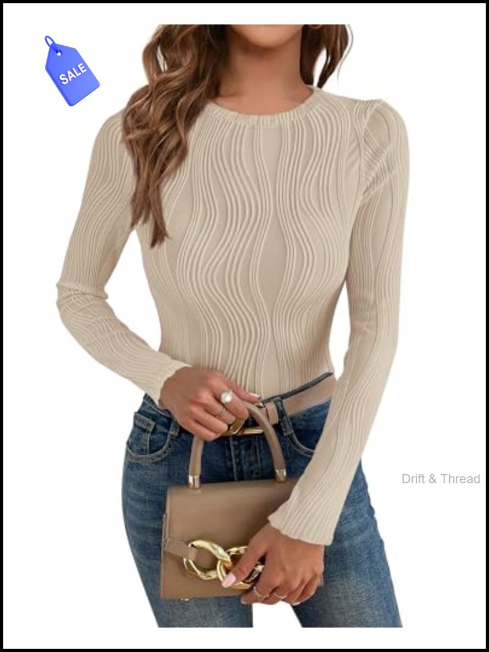 Womens Fitted Textured Knit Long Sleeve T-Shirt Slim Fit Pullover Top
